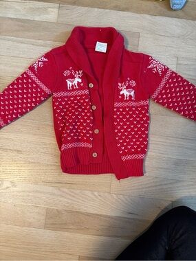 Source Unknown Red Knit Kids Shawl Collar Cardigan with Reindeer Motif